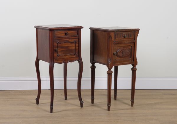 TWO SIMILAR FRENCH MARBLE TOPPED BEDSIDE TABLES (2)