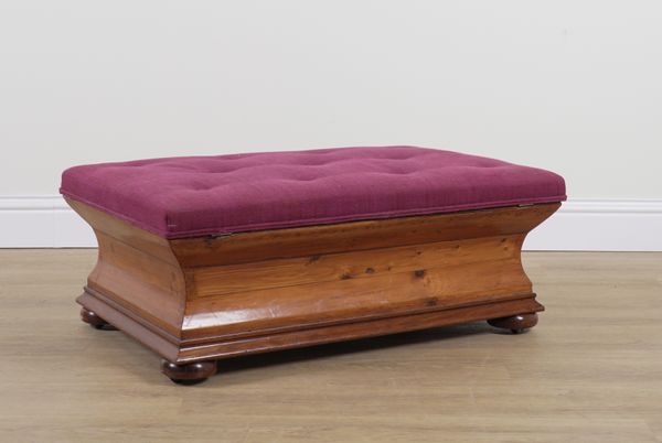 A 19TH CENTURY SARCOPHAGUS FORM PINE AND MAHOGANY LIFT TOP OTTOMAN