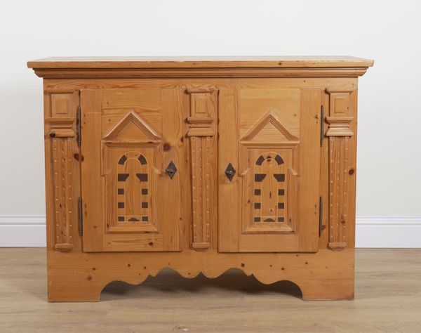 A CONTINENTAL INLAID PINE SIDE CUPBOARD