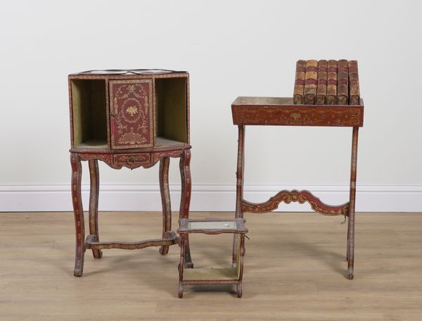 A SUITE OF GILT TOOLED ROUGE LEATHER VENEERED FURNITURE (3)