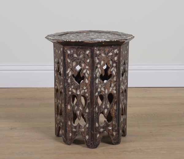 A 19TH CENTURY OTTOMAN BONE AND MOTHER-OF-PEARL INLAID HARDWOOD OCTAGONAL OCCASIONAL TABLE