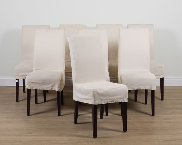 OKA; A SET OF EIGHT SQAURE BACK DINING CHAIRS (8)