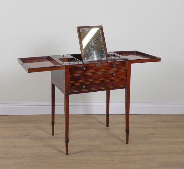 A GEORGE III INLAID MAHOGANY LIFT TOP DRESSING TABLE