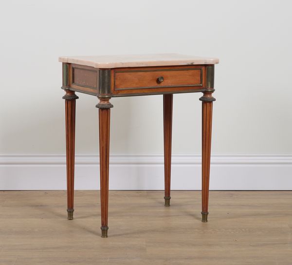 A LOUIS XVI STYLE MARBLE TOPPED SINGLE DRAWER SIDE TABLE