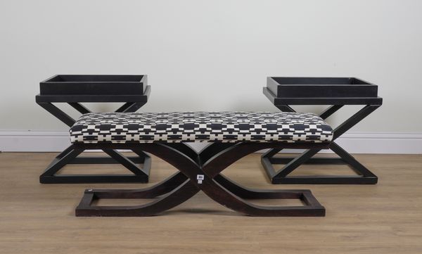 A MODERN EBONISED X-FRAME STOOL (3)