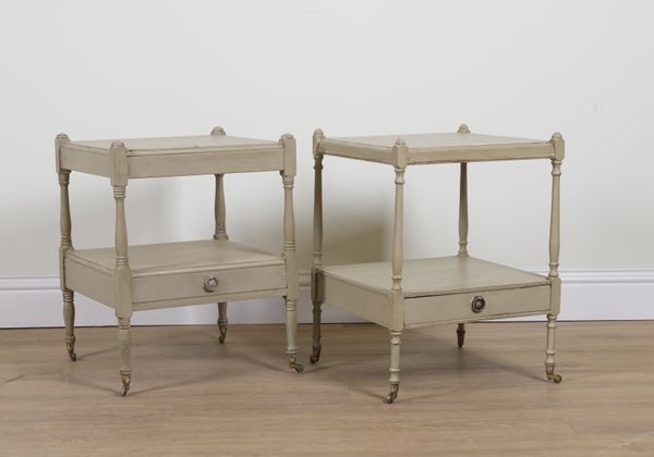 A PAIR OF REGENCY STYLE GREY PAINTED TWO TIER SIDE TABLES (2)