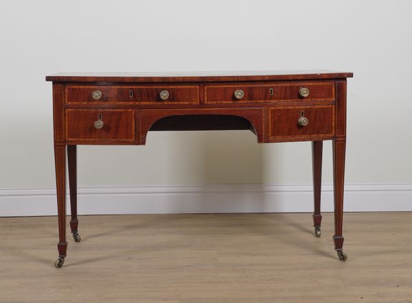 AN EDWARDIAN SATINWOOD BANDED MAHOGANY BOWFRONT SIDEBOARD