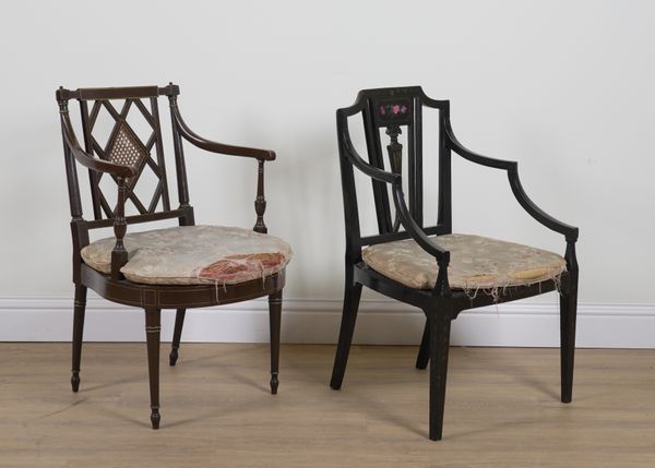 AN EDWARDIAN POLYCHROME PAINTED BLACK LACQUER OPEN ARMCHAIR (2)