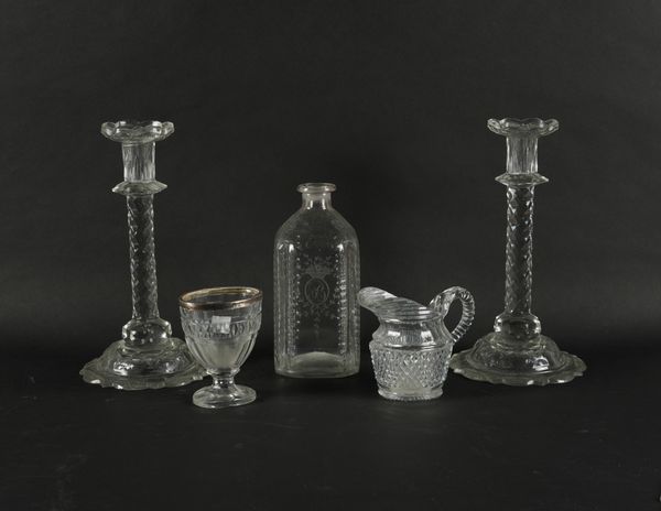 A PAIR OF CUT GLASS CANDLESTICKS (5)