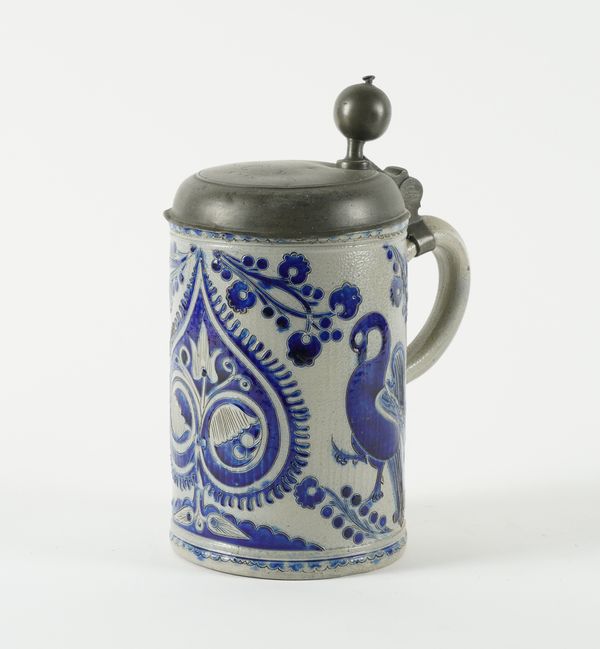 A WESTERWALD GREY STONEWARE PEWTER- MOUNTED TANKARD