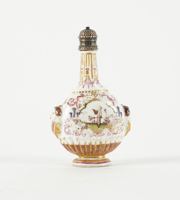 A MEISSEN GILT-METAL MOUNTED SCENT BOTTLE AND STOPPER (2)