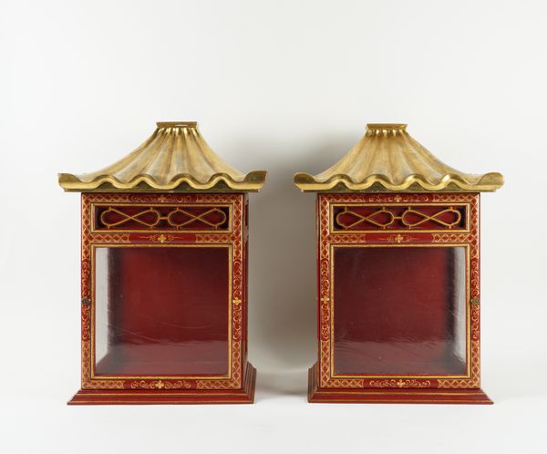 A PAIR OF CHINOISERIE DECORATED RED AND GILT WALL LANTERNS (2)