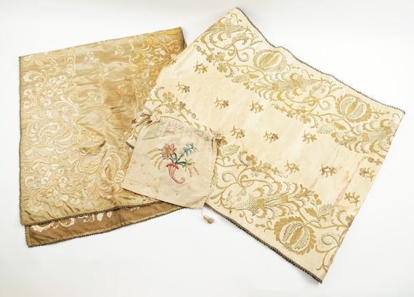 A FRENCH GOLD THREAD EMBROIDERED CREAM SILK RUNNER TOGETHER WITH ANOTHER SILK EMBROIDERY (3)