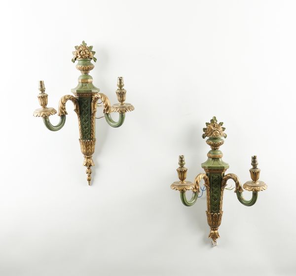 A PAIR OF GILT AND GREEN PAINTED GESSO TWIN LIGHT WALL APPIQLUES, TOGETHER WITH TWO PAIRS OF GILT TOLE FOLIATE WALL APPLIQUES (6)