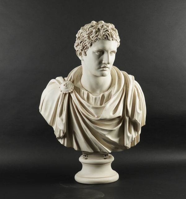 AN ANTHONY REDMILE WHITE COMPOSITE BUST OF MARK ANTHONY, AFTER THE ANTIQUE