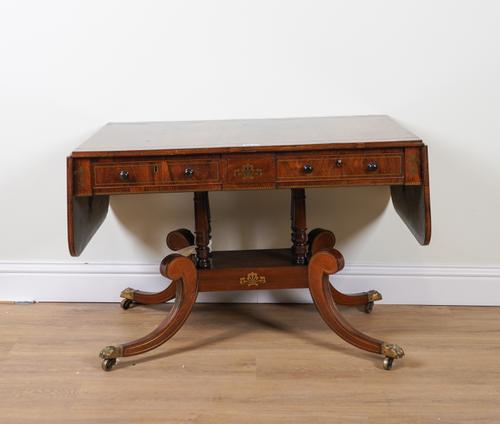 A REGENCY BRASS INLAID ROSEWOOD TWO DRAWER SOFA TABLE