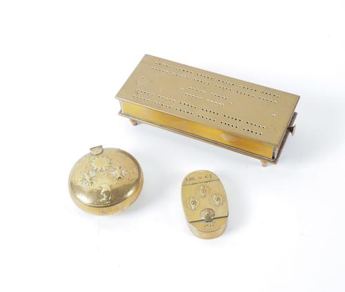 TWO LOCKING BRASS SNUFF BOXES AND A BRASS CRIBBAGE SET (3)