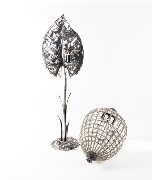 VALENTI: A SPANISH SILVERED-METAL LEAF TABLE LAMP (2)