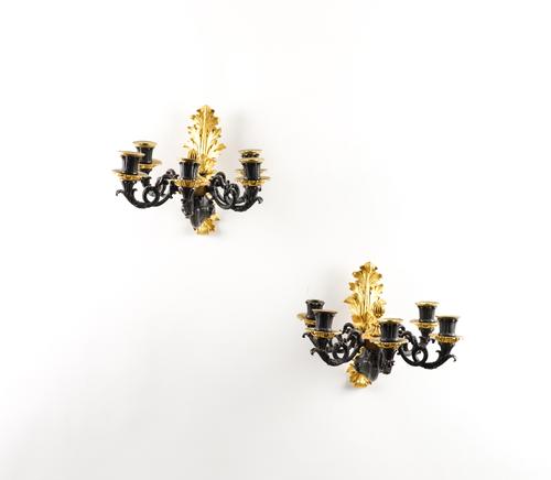 A PAIR OF GILT AND BRONZE PATINATED METAL FIVE-LIGHT WALL APPLIQUÉS (2)