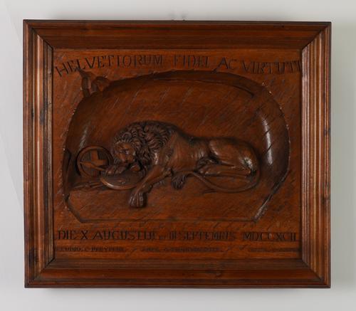 A CONTINENTAL RELIEF CARVED PANEL OF THE LION OF LUCERNE AFTER BERTEL THORVALDSEN