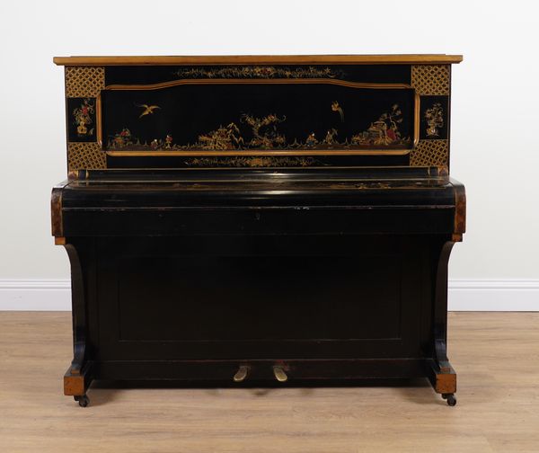 BOYD-LONDON; AN EARLY 20TH CENTURY BLACK PAINTED CHINOISERIE DECORATED UPRIGHT PIANO