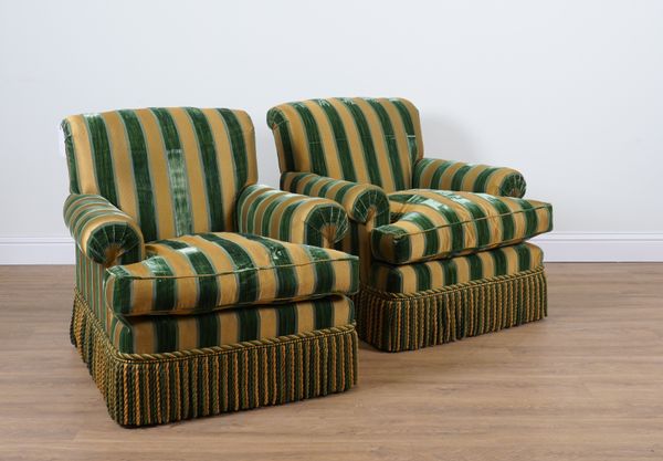 DUDGEON LONDON; A PAIR OF GREEN STRIPED UPHOLSTERED EASY ARMCHAIRS (2)