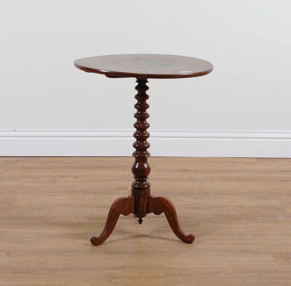 A 19TH CENTURY ITALIAN SORRENTO WARE ,OLIVE WOOD MARQUETRY INLAID SNAP TOP TRIPOD TABLE