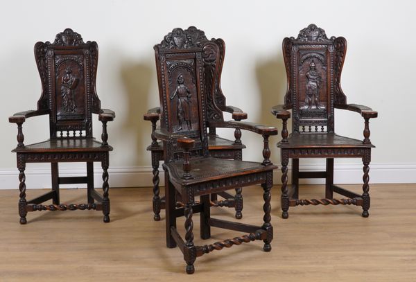 A SET OF FOUR 17TH CENTURY STYLE OAK WINGBACK CHAIRS (4)