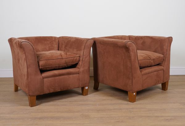 MULBERRY; A PAIR OF TAN SUEDE SQUARE-BACK ARMCHAIRS (2)