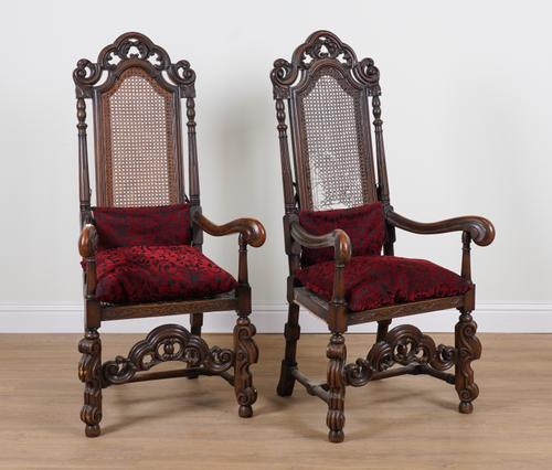 A PAIR OF 17TH CENTURY FLEMISH STYLE CANED HIGHBACK OPEN ARMCHAIRS (2)