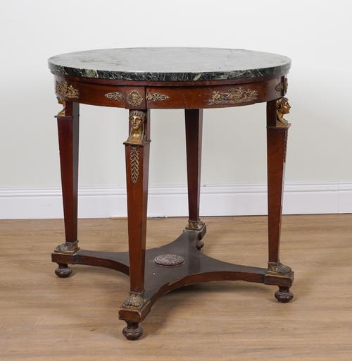 AN EMPIRE REVIVAL STYLE CIRCULAR MARBLE TOPPED CENTRE TABLE