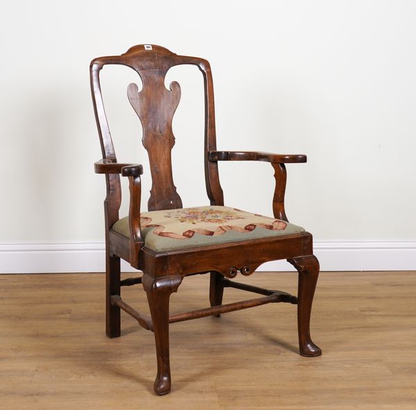 A GEORGE II WALNUT VASE BACK OPEN ARMCHAIR