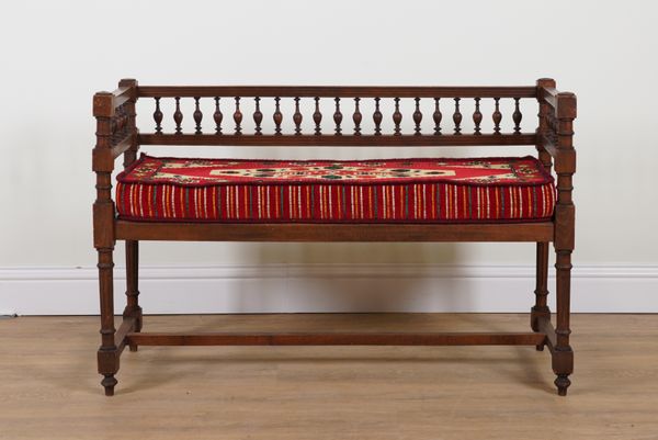 A 19TH CENTURY FRENCH STAINED BEECH SQUARE BACK HALL BENCH