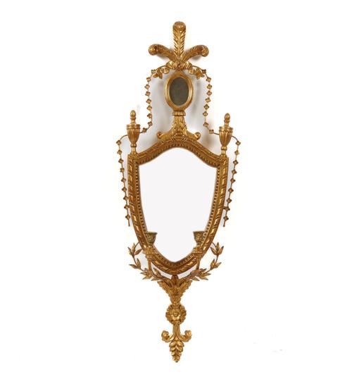 A REGENCY STYLE GILT FRAMED SHIELD SHAPED GIRANDOLE MIRROR (2)