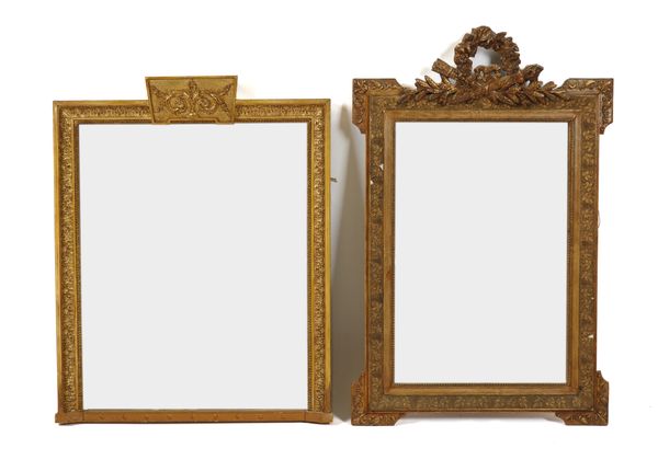 A LATE 19TH CENTURY FRENCH GILT FRAMED OVERMANTEL MIRROR (2)