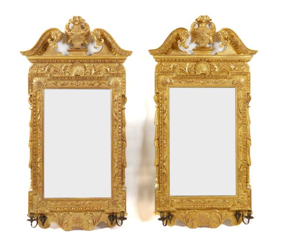 A PAIR OF GEORGE II STYLE GILT FRAMED TWIN BRANCH GIRANDOLE WALL MIRRORS (2)