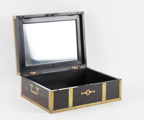 A 19TH CENTURY ANGLO-INDIAN BRASS BOUND RECTANGULAR TOILET BOX