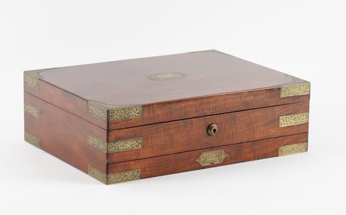 G.ROWNEY AND CO ARTISTS COLOURMEN 51 RATHBONE PLACE LONDON; A 19TH CENTURY SCROLLED BRASS INLAID RECTANGULAR ARTIST'S BOX