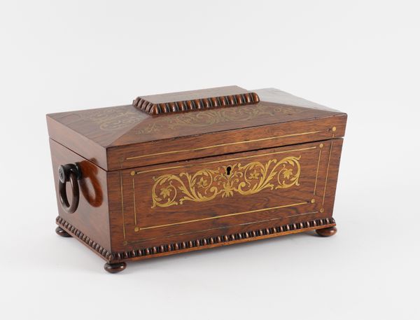 A REGENCY BRASS INLAID ROSEWOOD SARCOPHAGUS TEA CADDY