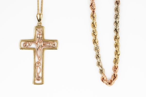 A CLOGAU TWO COLOUR GOLD PENDANT CROSS AND TWO GOLD NECKCHAINS (3)