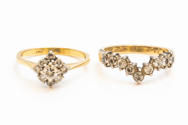 AN 18CT GOLD AND DIAMOND NINE STONE CLUSTER RING AND ANOTHER 18CT GOLD AND DIAMOND RING (2)