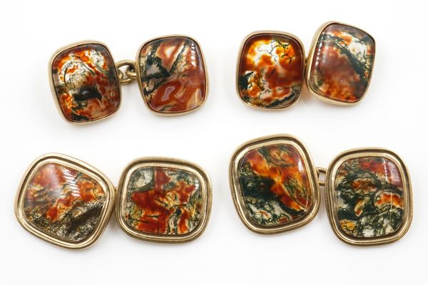 TWO PAIRS OF GOLD AND MOSS AGATE CUFFLINKS (2)