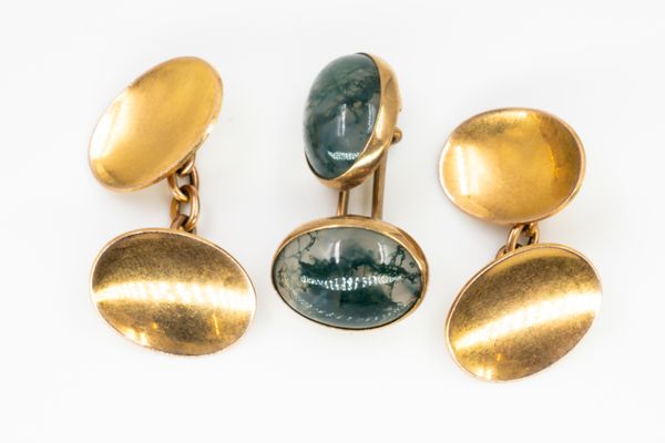 A PAIR OF 9CT GOLD CUFFLINKS AND ONE 9CT GOLD MOUNTED MOSS AGATE CUFFLINK (3)