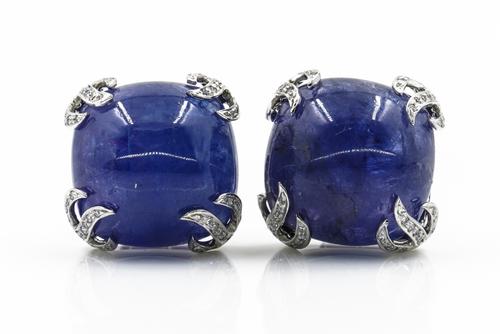 A PAIR OF WHITE GOLD, TANZANITE AND DIAMOND EARRINGS