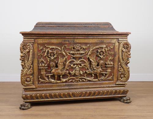 A 19TH CENTURY ITALIAN POLYCHROME PAINTED PARCEL GILT LIFT TOP SARCOPHAGUS