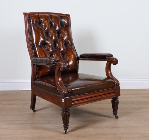 A WILLIAM IV MAHOGANY FRAMED LIBRARY CHAIR