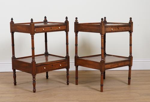 A NEAR PAIR OF LATE GEORGE III MAHOGANY TWO TIER SINGLE DRAWER BEDSIDE TABLES (2)