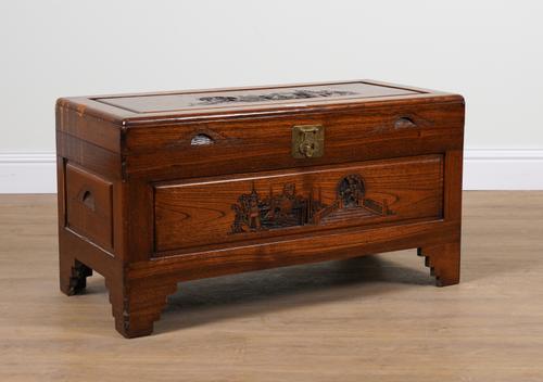 A CHINESE HARDWOOD LIFT TOP TRUNK