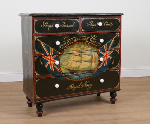 A VICTORIAN AND LATER NAUTICAL POLYCHROME PAINTED PINE FIVE DRAWER CHEST