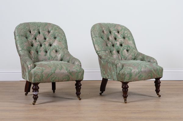 GEORGE SMITH; A PAIR OF GREEN BUTTON BACK, FLORAL UPHOLSTERED SLIPPER BACK ARMCHAIRS (2)